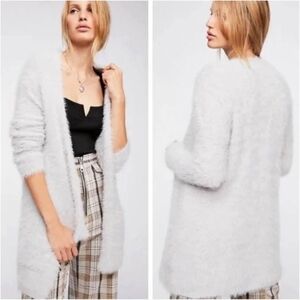 Free People Long Sleeve Faux Fur Open Cardigan Sweater in Silver Cloud SzS